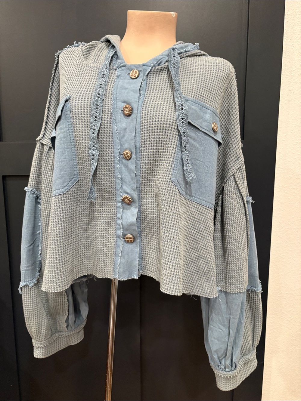 644. POL Waffle Knit Hooded Button-Front Jacket in Light Blue